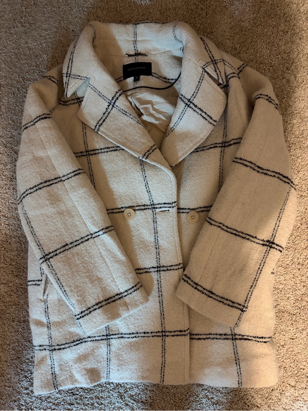 Banana Republic Cream Windowpane Plaid Double-Breasted Pea Coat